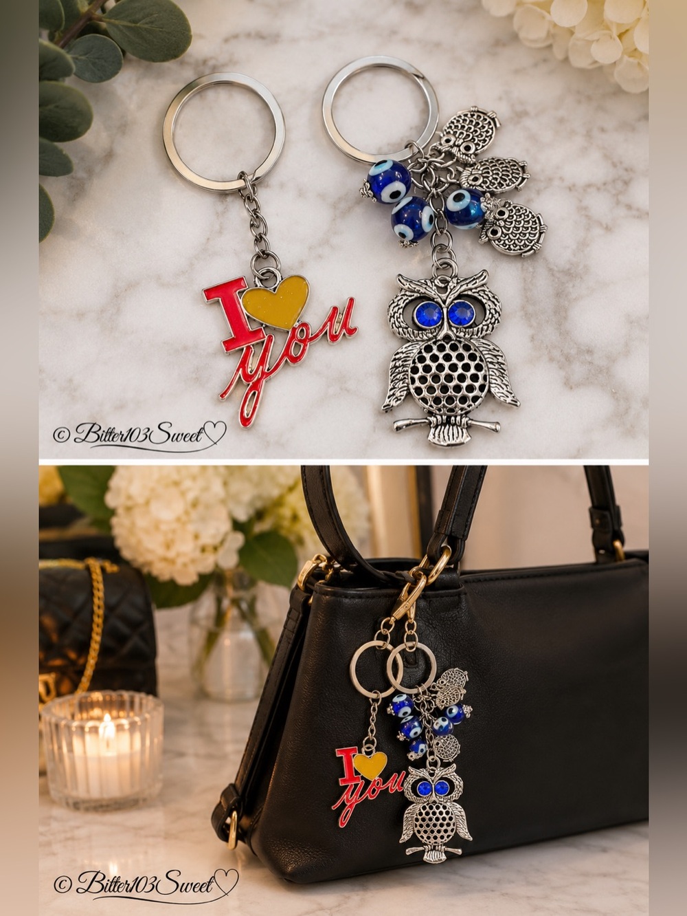 2-Pc Keychain Bundle – I Love You Heart & Owl Evil Eye Charm Keychains